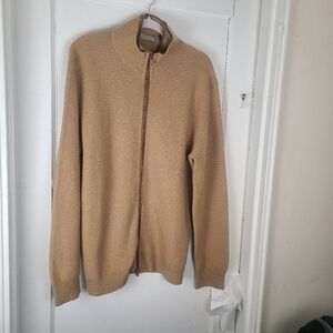 Ermenegildo Zegna Tan Pure Cashmere Zip Sweater With Leather Trim Insert XL